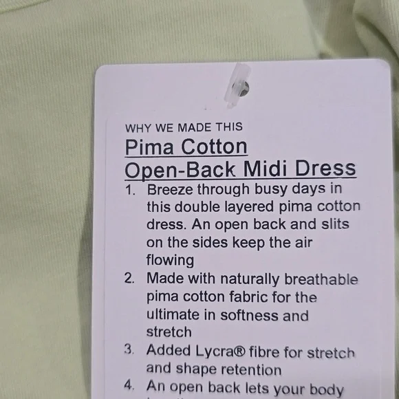 **NWT Lululemon Pima Cotton Open-Back Midi Dress | Dewy | Size 2** - Picture 8 of 9